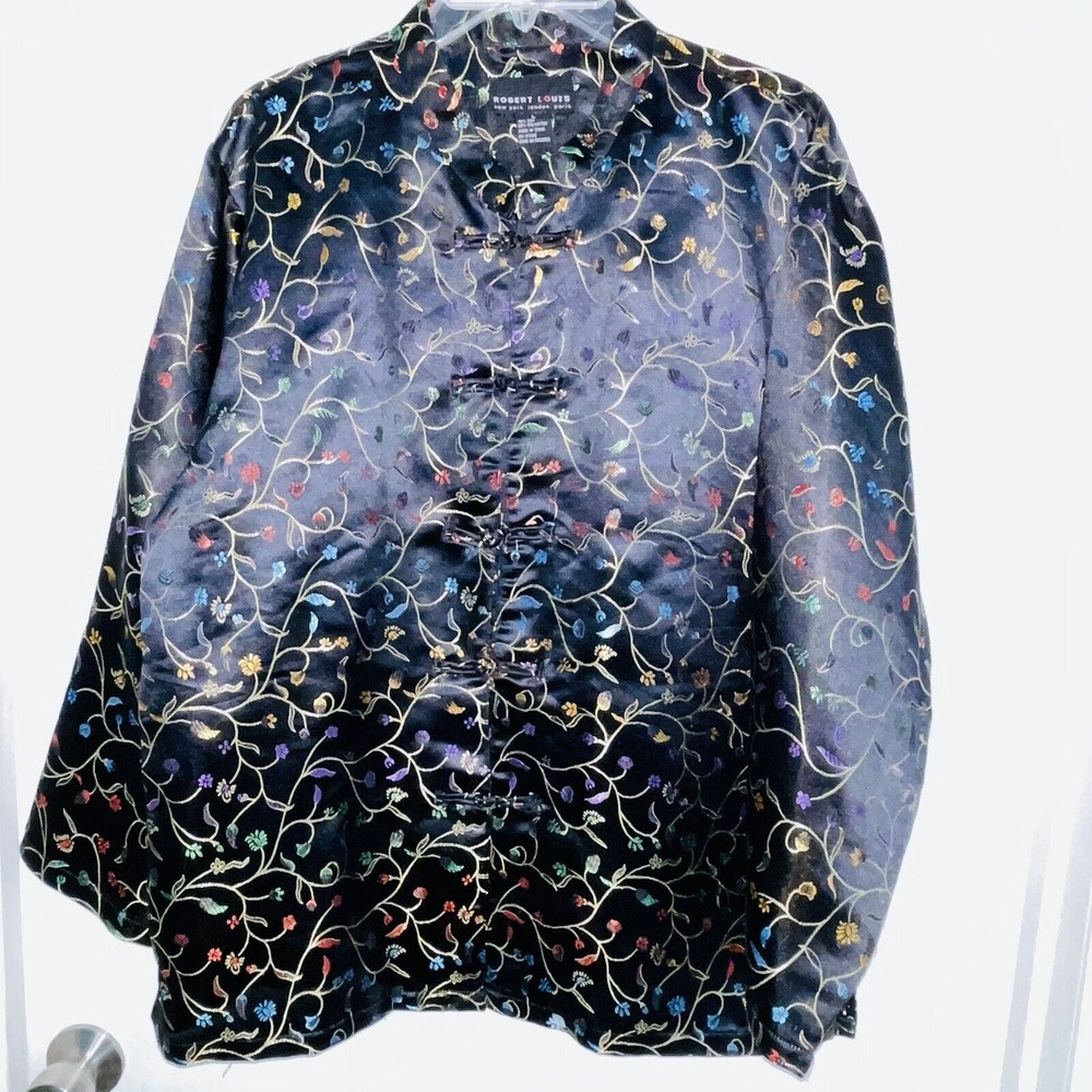 Women Asian Inspired Black Satin  Multicolored Embroidered  Mandarin Jacket